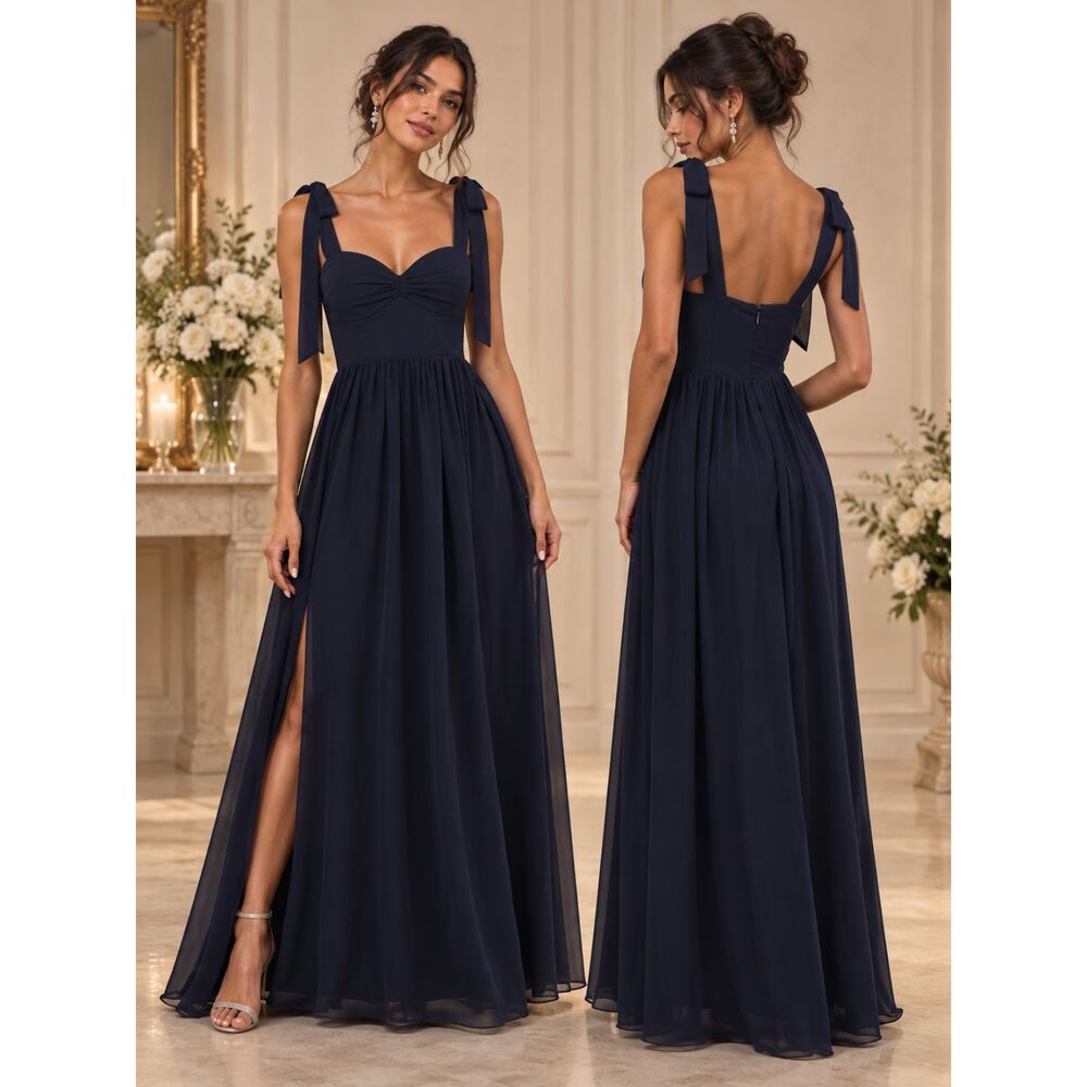 Lulus Radiant Charisma Maxi Dress Navy Chiffon Ruched tie Strap Size 1X NWT